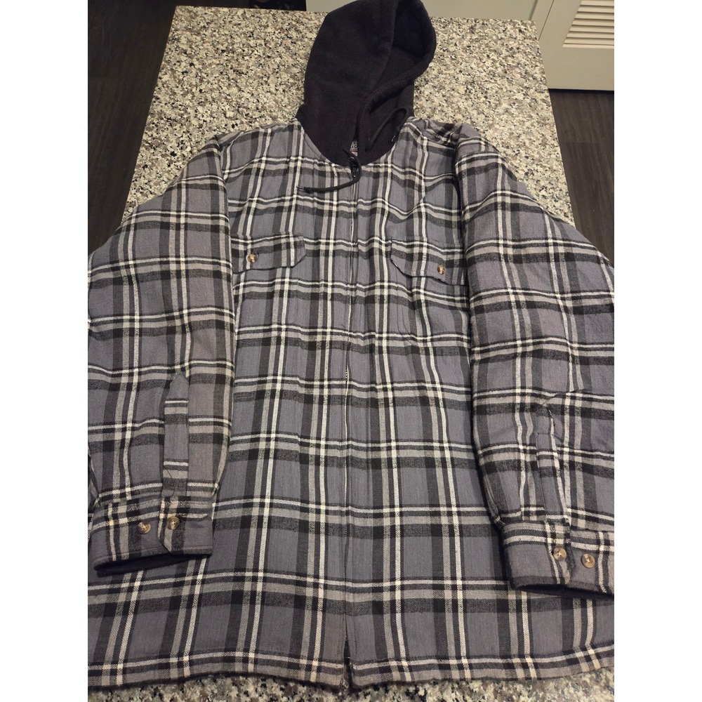 Faded Glory Hooded Flannel Jacket Mens 2XL Grey Black Plaid Full Zip Workwear